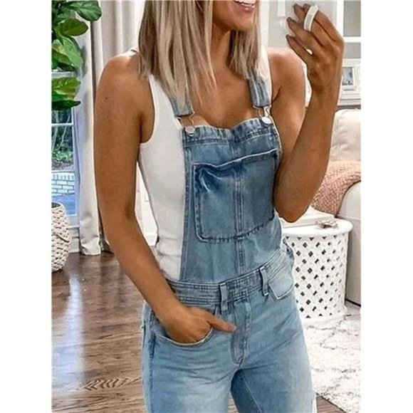 Women's Ripped Denim Overalls Jean Rompers - Picture 1 of 5